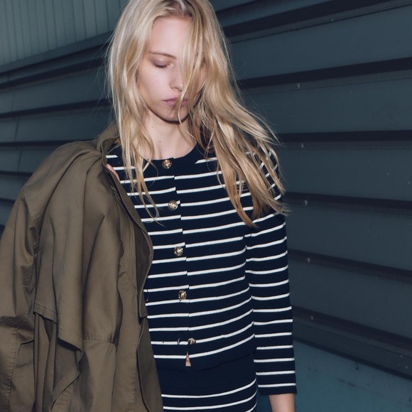 Zara Dresses & Skirts - Zara Navy and White Striped Button Cardigan with matching skirt set